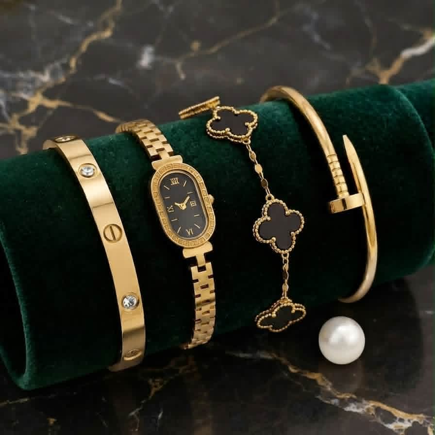 Stainless Steel 4-Pc Watch & Bangle Set