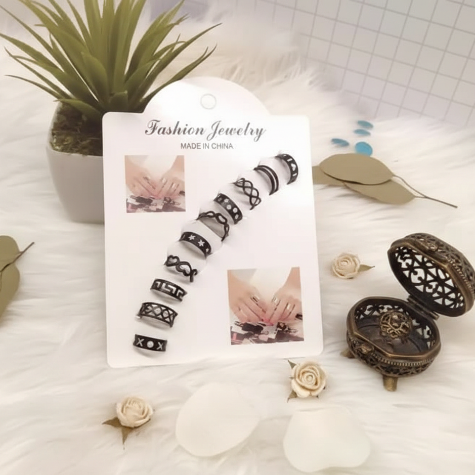 10 Pcs Adjustable Alloy Rings Set for Women & Girls – Stackable Fashion Jewelry Collection