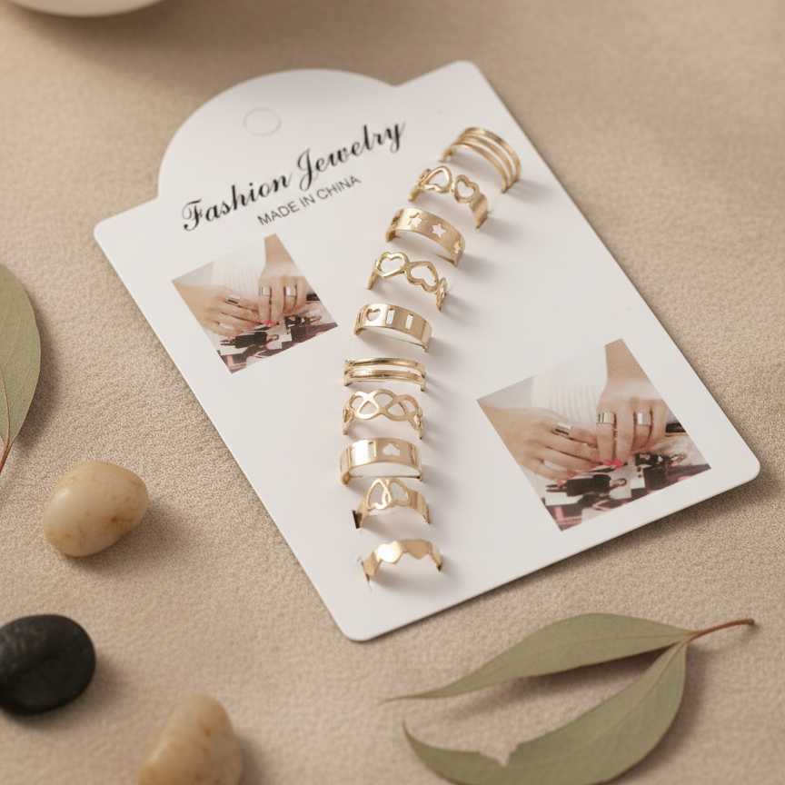 10 Pcs Adjustable Alloy Rings Set for Women & Girls – Stackable Fashion Jewelry Collection